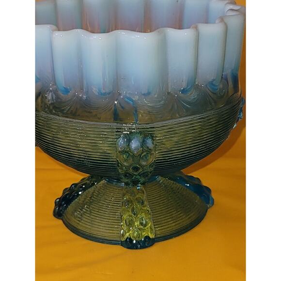 Vintage Northwood Button Panel Blue Opalescent Crimped Top Glass Candy Dish - Picture 7 of 11